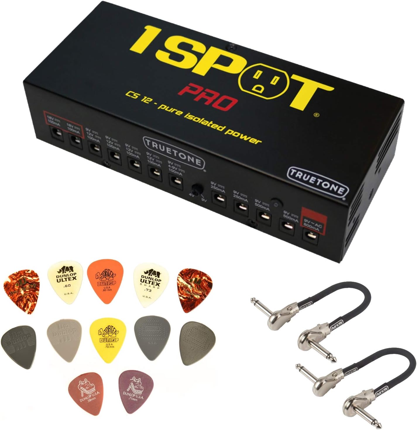 Truetone 1 SPOT PRO CS12 Pedalboard Power Supply with 12 Isolated Outputs, Bundled with 2 MXR Patch Cables and Dunlop Pick Pack