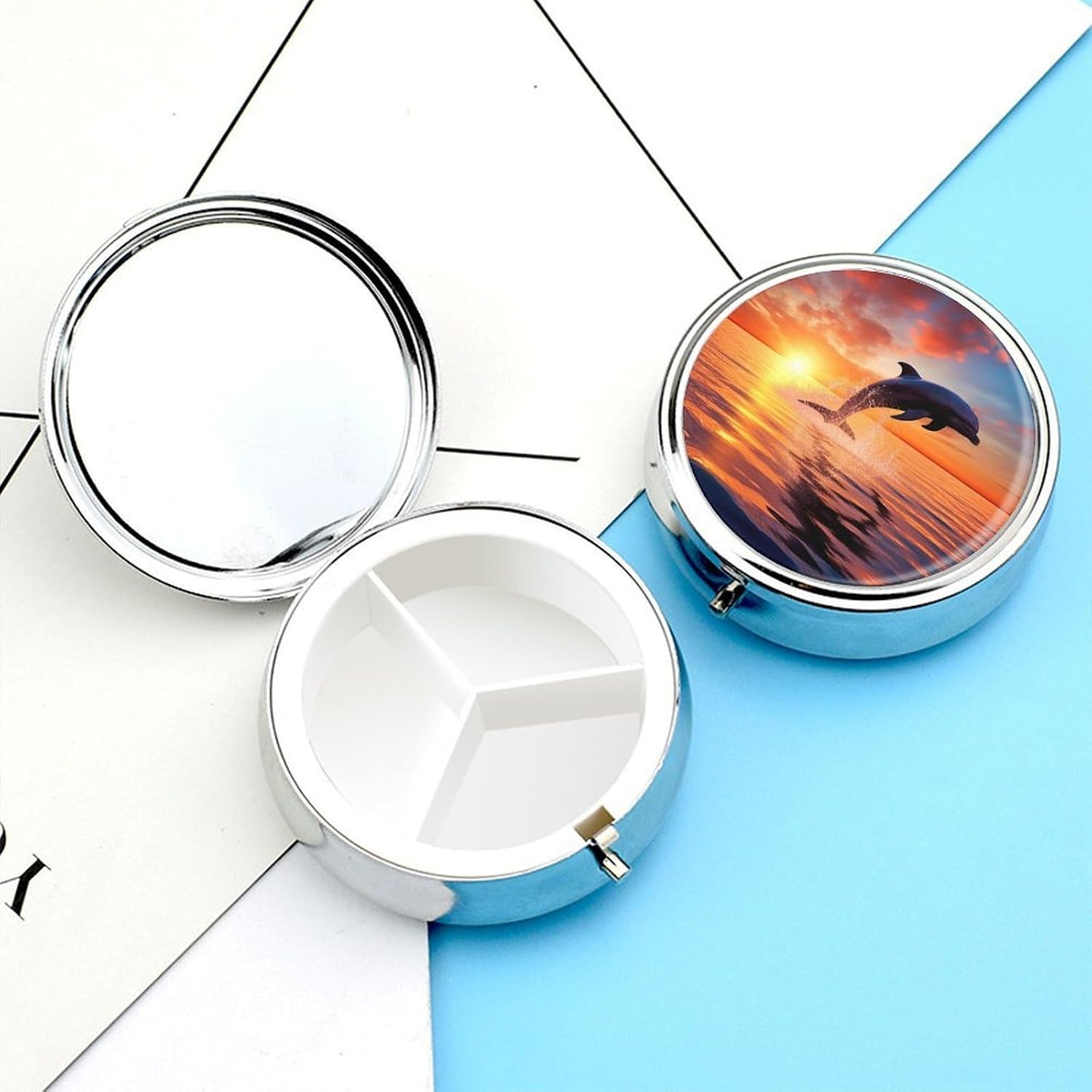 Round Silver Pill Box Small Pill Case for Purse and Pocket 3 Compartment