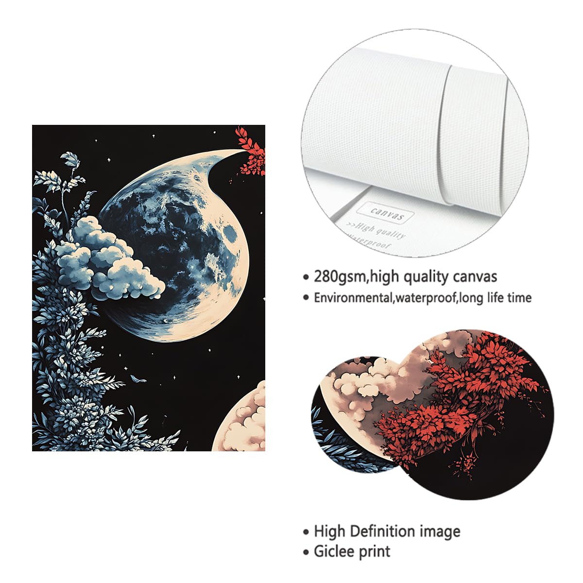 Via Vela Esthétique Lune Toile florale Art mural Affiche planète Peinture Nature Yin Yang Fresques modernes pour salon Chambre Décoration intérieure 45x60cm