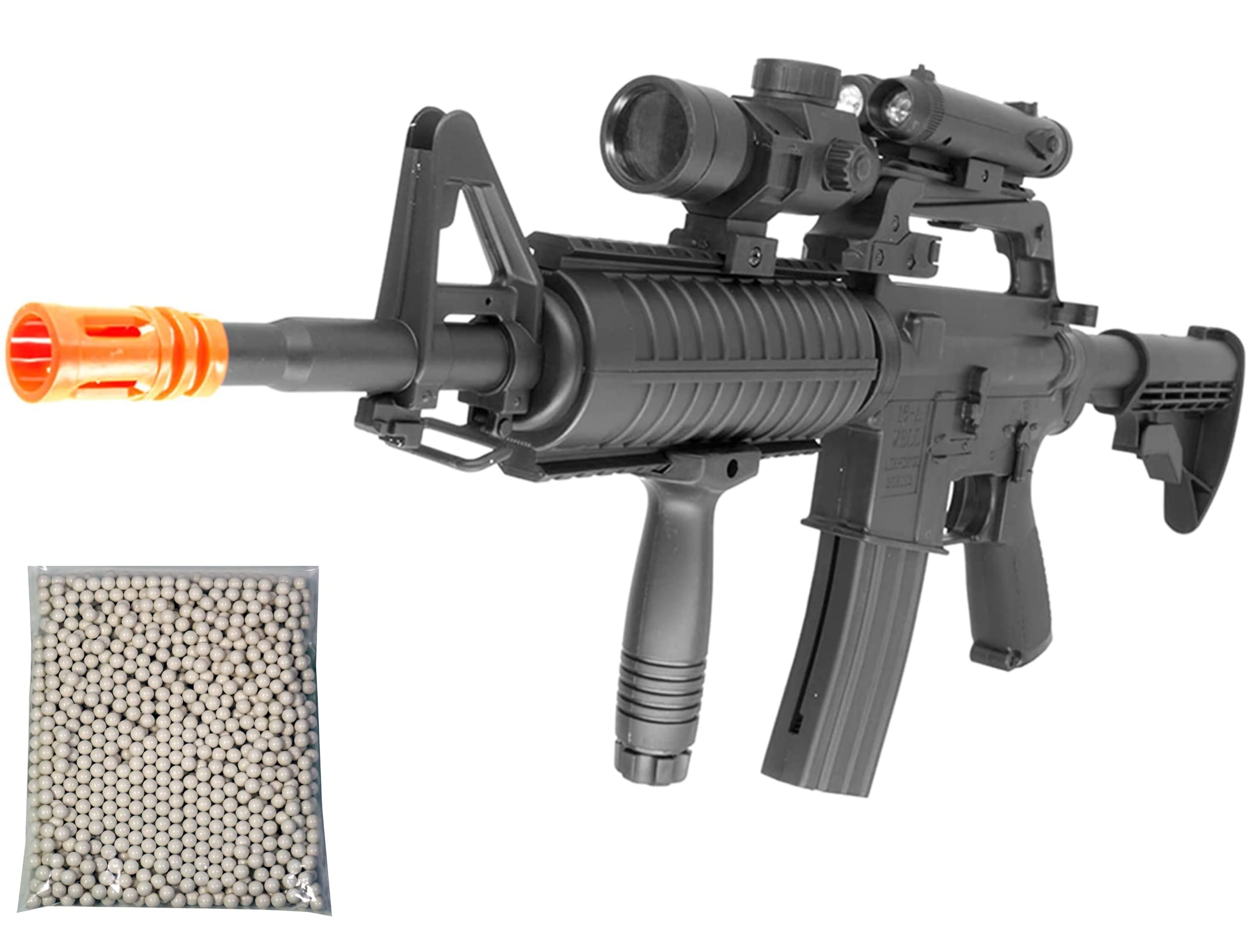 Airsoft Rifle M4 Style Spring Power Well MR744 Manual Safety 320 FPS with Flashlight/Red Dot/Grip Free 1000 Bulldog Airsoft 6m BBS