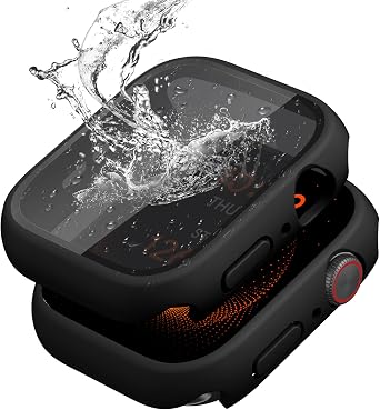 2 Pack Waterproof Privacy Hard PC Case with Tempered Glass Screen Protector for Apple Watch SE 2nd SE 3 Gen Series 6 5 4 44mm, Ultra-Thin Bumper Anti-Shock Screen for iWatch Cover Accessories, Black