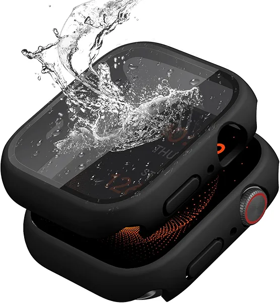 2 Pack Waterproof Privacy Hard PC Case with Tempered Glass Screen Protector for Apple Watch SE 2nd SE Series 6 5 4 44mm, Ultra-Thin Bumper Anti-shock Screen for iWatch Cover Accessories, Black