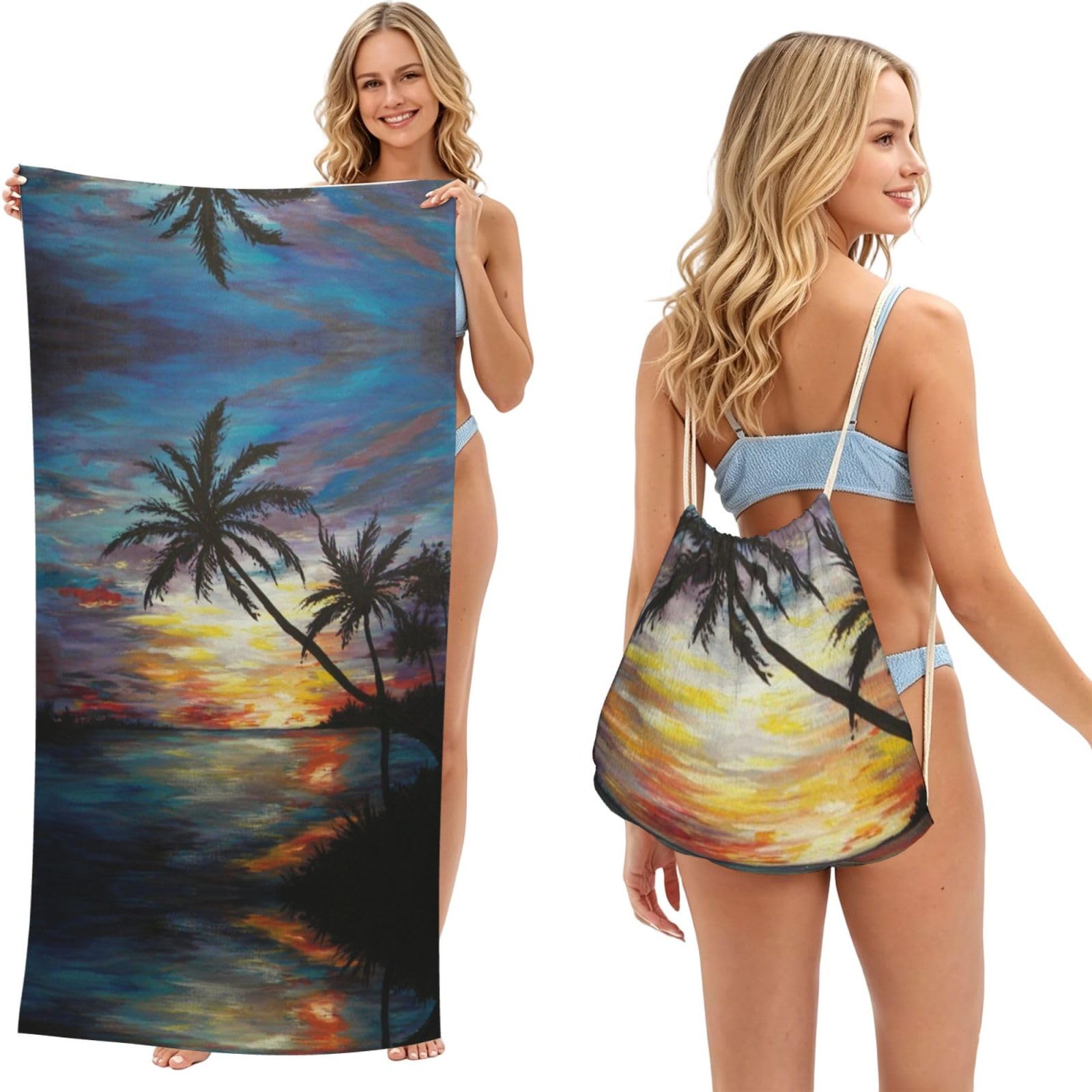 ESNAIUVCD Tropical Sunset Print Beach Towel For Adults,Towel With Drawstring Bag, Travel Pool Swimming Sports Shower Sand Free Quick Dry Bath Towel For Pool, Beach, Yoga- 180x60cm