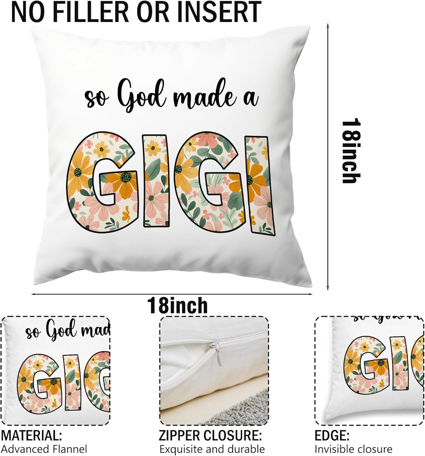 Gigi Grandma Gifts Decorative Throw Pillow Covers, So God Made A Gigi Gifts for Grandma Mother's Day Christmas Birthday, Black Floral Pillow Cases Decor for Bed Couch Bedroom 18x18in - Image 7