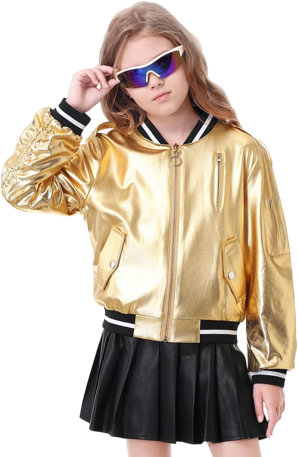 Vetement Enfant Veste Bomber Métallique Linjinx Fille - Imprimé Lettre, Danse Hip-hop, Taille 5-16 Ans Vêtement Spectacle Enfant 5-16 Ans