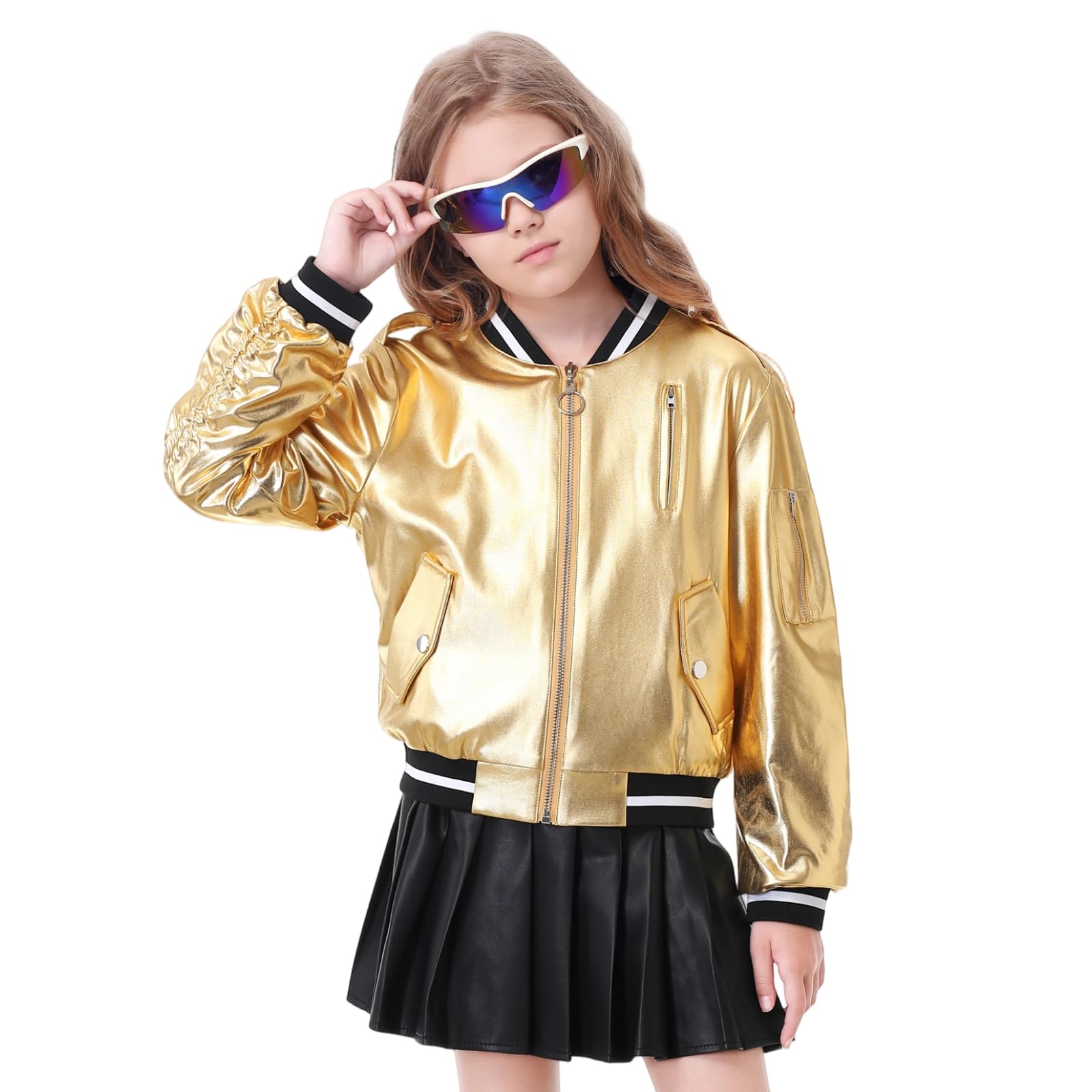 LOLANTA Blouson Bomber Métallique Brillant pour Fille, Veste Holographique Y2K Style Futuriste pour Halloween et Carnaval, 4-12 Ans