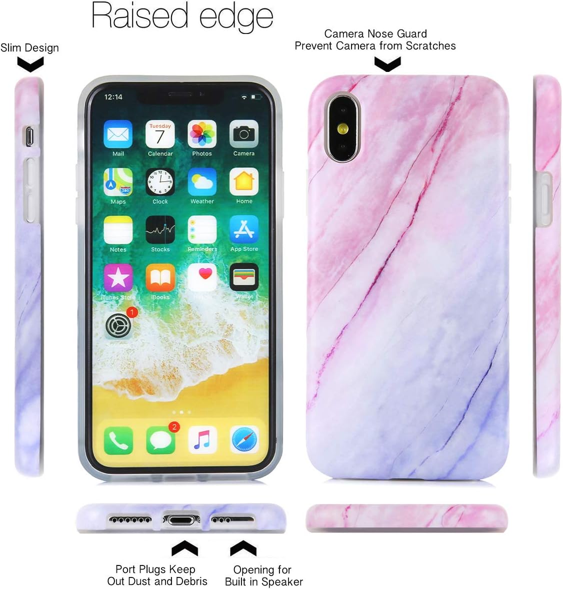 TRENSOM iPhone Xs Case iPhone X Case White Marble Pattern IMD Hybrid Shockproof Pink Blue Marbling Pattern Protective Cover for Women Girls Men Boys