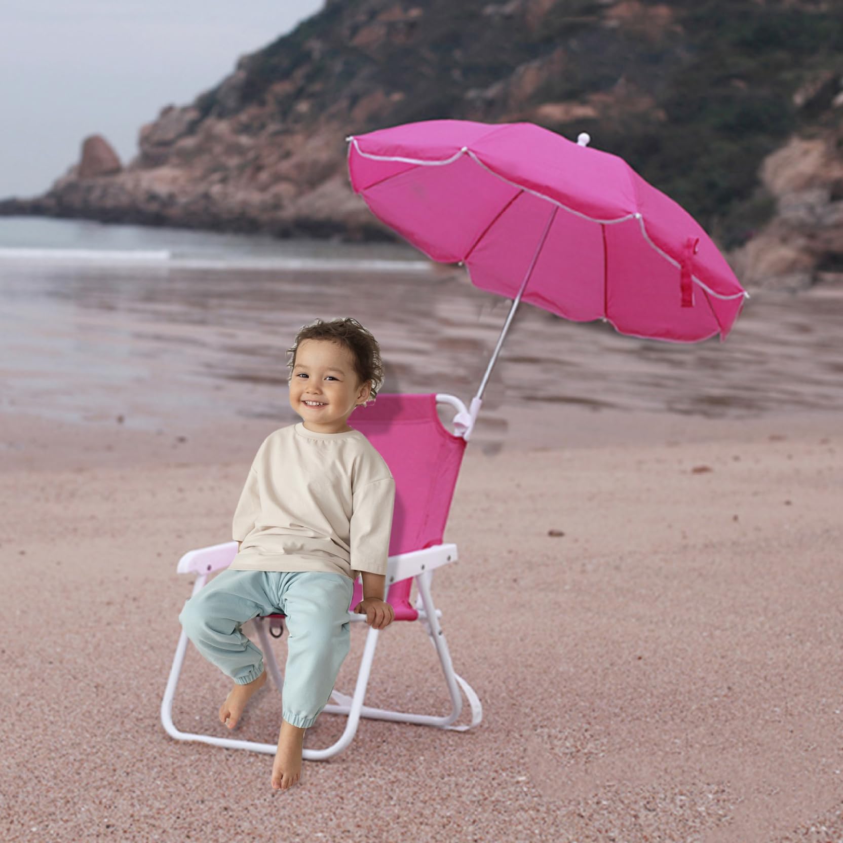 Sedia da spiaggia per bambini con ombrellone, sedia da esterno pieghevole e staccabile con tettuccio, portatile per esterni, Rosy