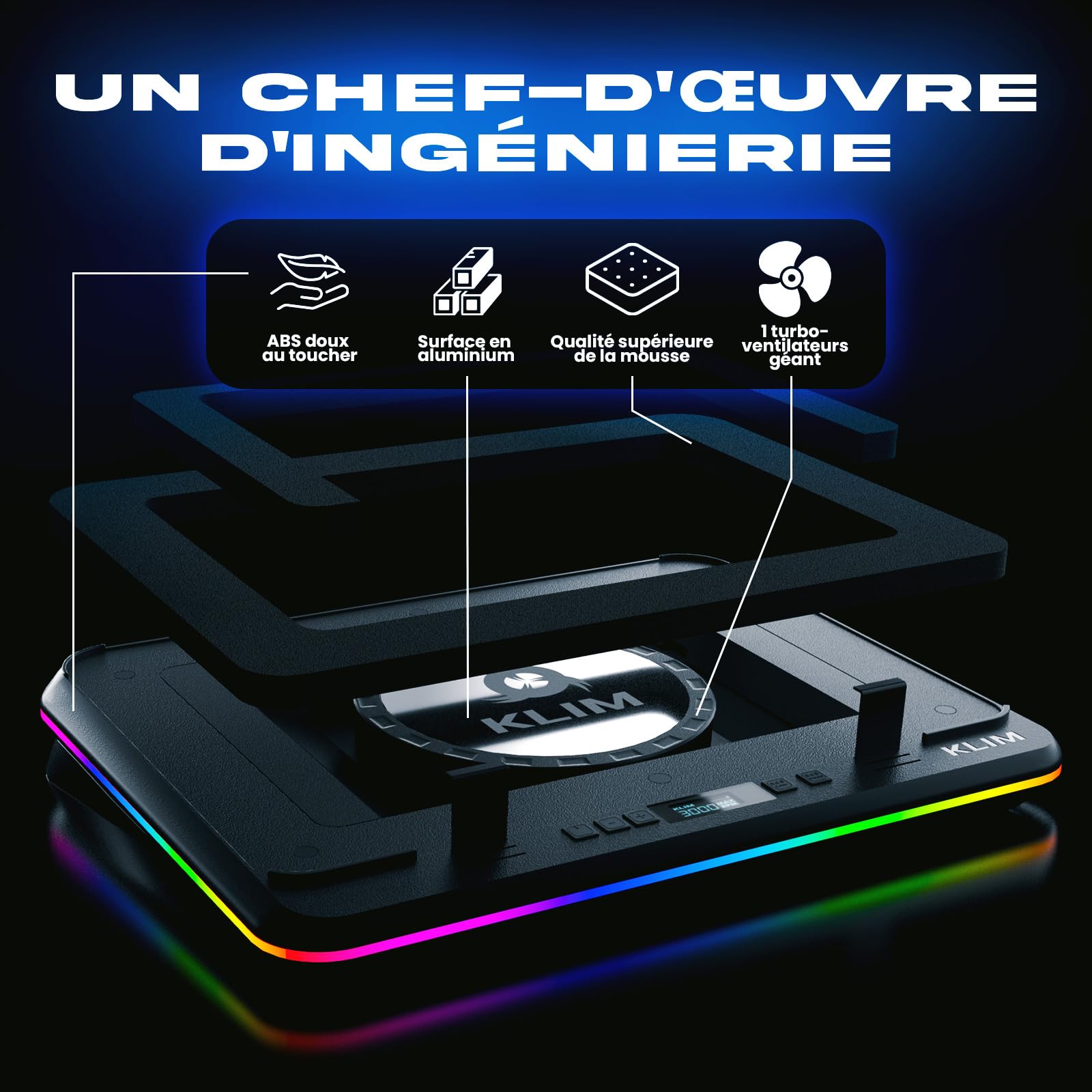 KLIM Turbofrost Max Refroidisseur PC Portable RGB 15.6-17 Pouces Ventilateur XL