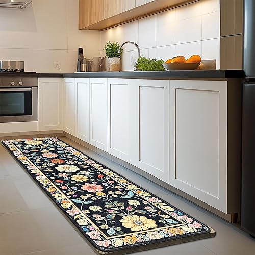AQQA Alfombra de área floral vintage, 2 x 5, lavable, para pasillo, entrada, granja, antideslizante, no se desprende, color negro, para interiores y