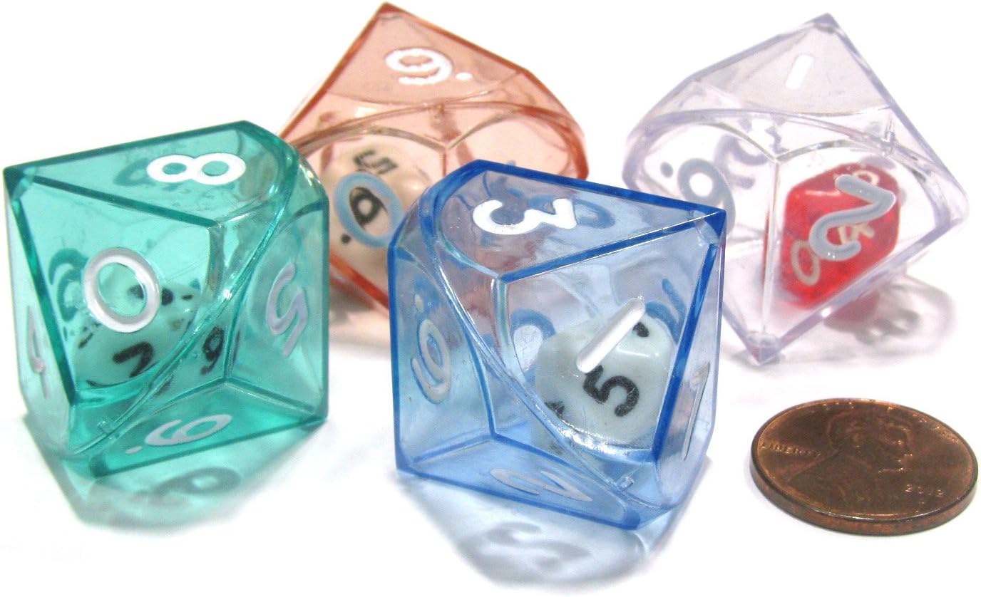 Set of 4 D10 26mm Double Dice, 2-in-1 Dice - 1 Each of Green Red Blue Clear