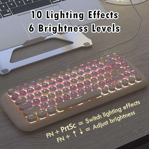 Miniatura 6 de Lomiluskr Lindo teclado mecánico con cable colorido para niñas y niños, teclas redondas, 84 teclas compactas, 10 efectos de iluminación