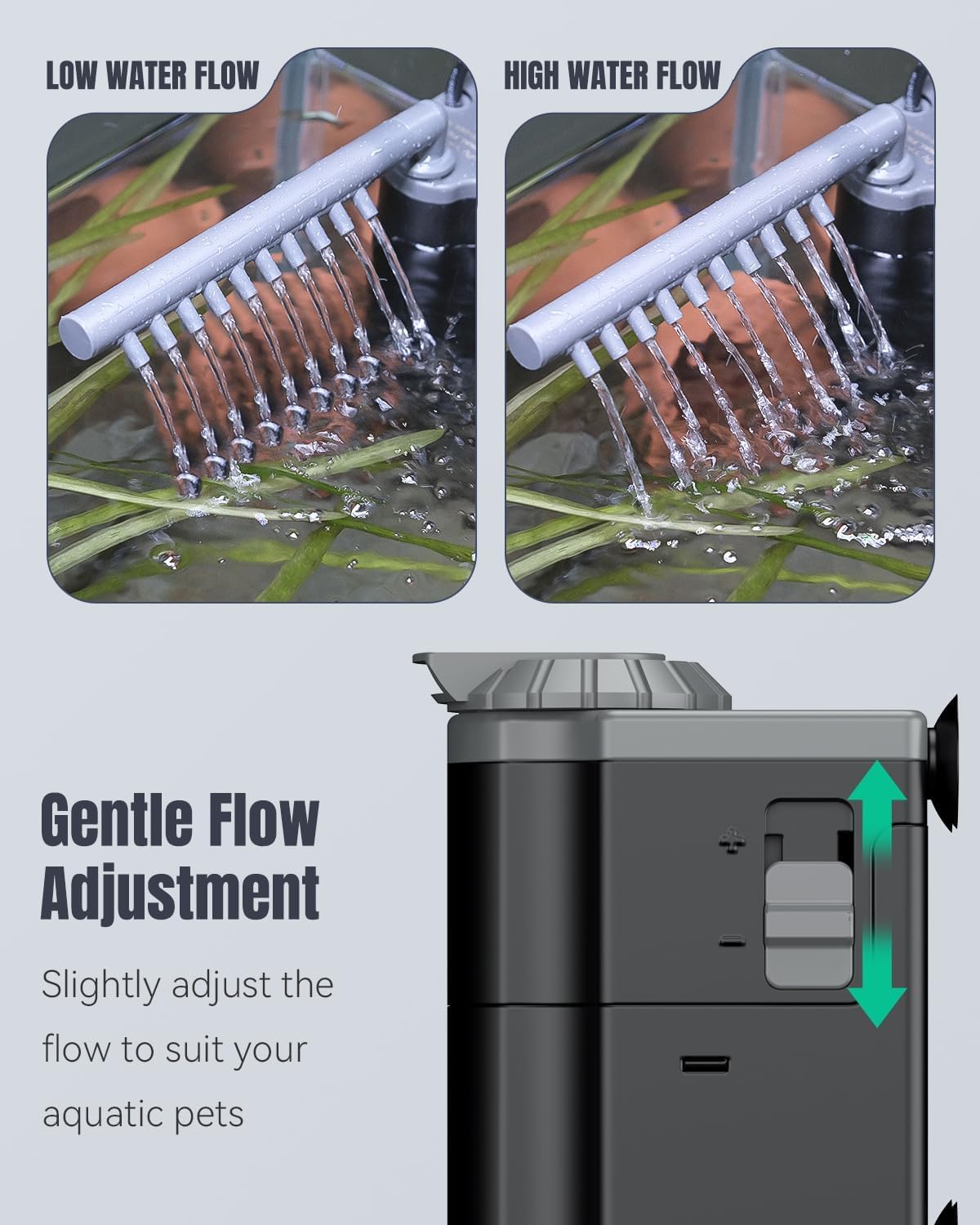 Pawfly 300 L/H Internal Aquarium Filter installed in a fish tank, showing its compact size and placement.