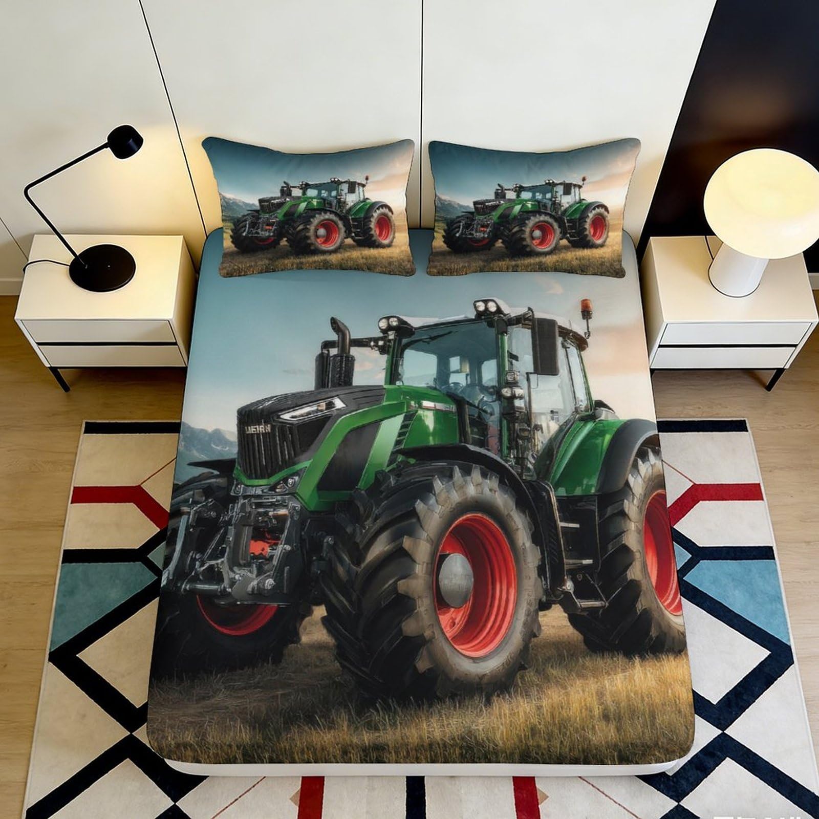 3D Printed Tractor Field Fitted Sheet Microfiber Soft Green Farm Bed Cover for Bedroom Guest Room Decor 90x200x25cm
