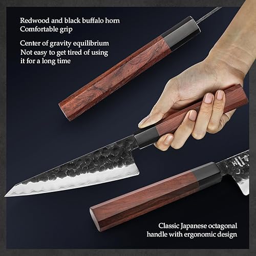 Vista 29 de HEZHEN Santoku - Cuchillo de chef de acero revestido de 3 capas, cuchillo de cocina japonés profesional para chefs y cocina casera, mango octogonal