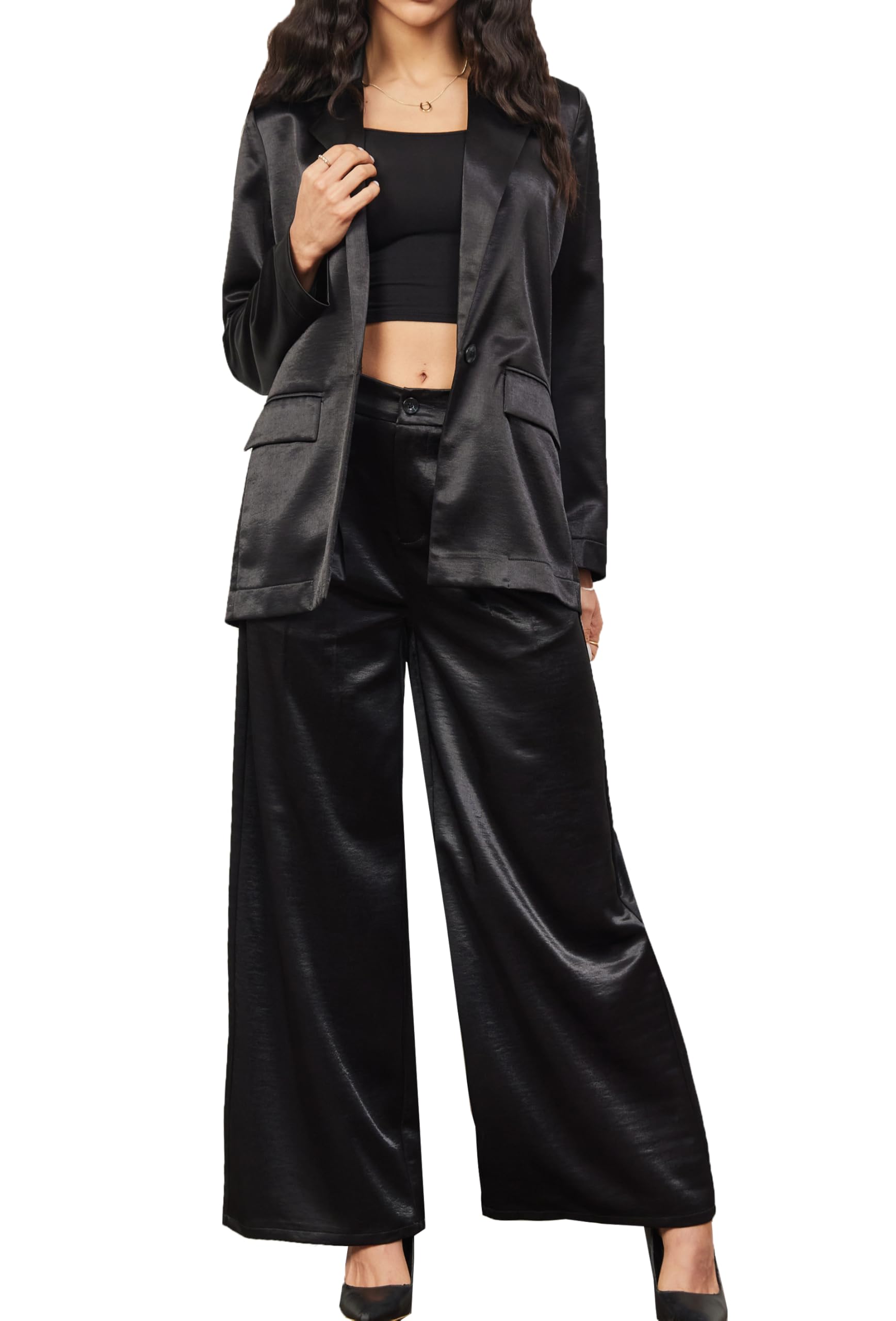 Womens 2 Piece Outfits Satin Blazer Suit Wide Leg Pantsuit Business Casual Work Dress Jacket Pant Sets