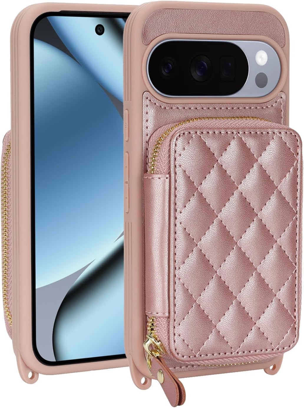 Crossbody Wallet Case for Pixel 10/10 Pro, PU Leather Zipper Handbag Purse Flip Cover, Kickstand Folio Case with Card Slots Holder Wrist Strap Lanyard -Rose Gold