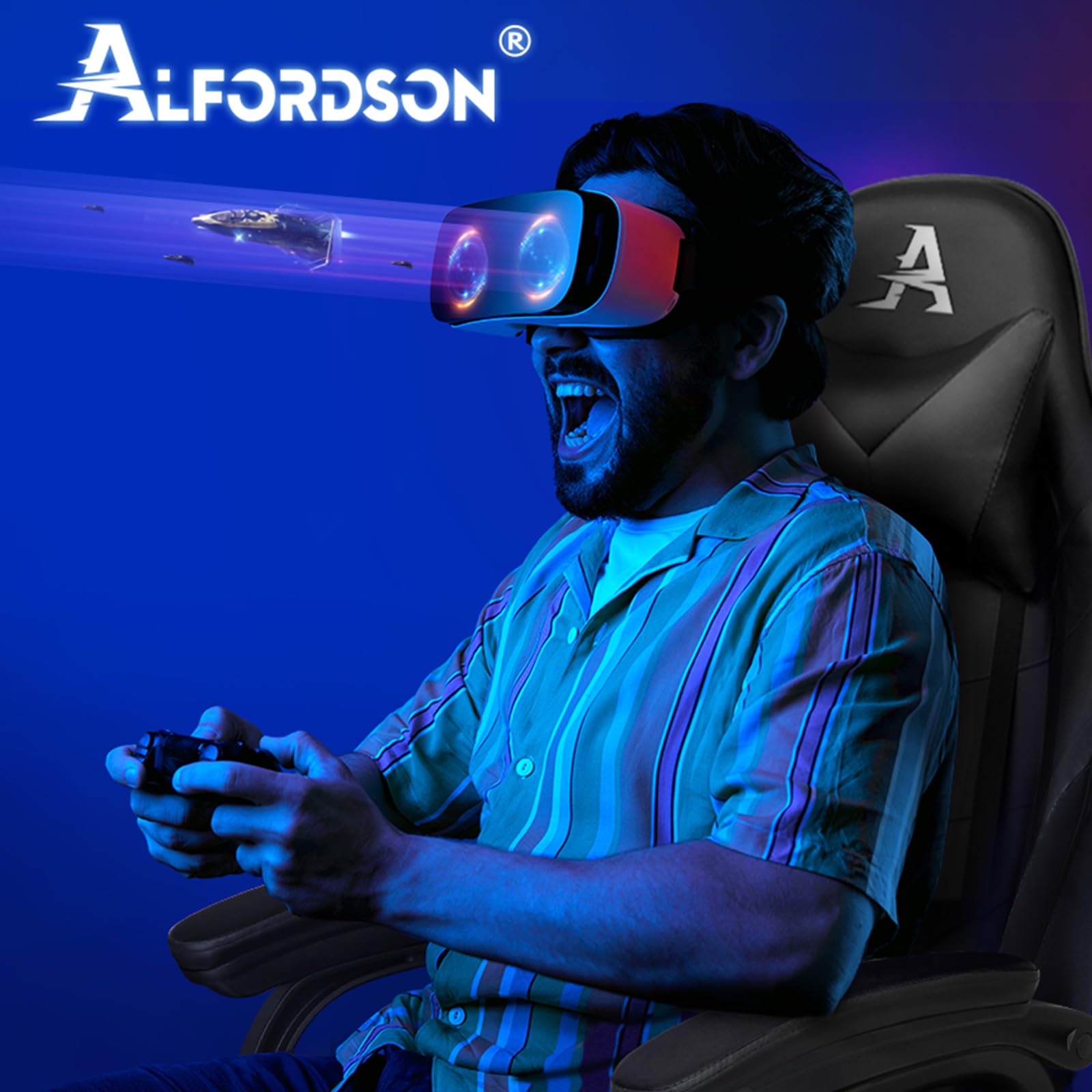 ALFORDSON Silla Gaming para Escritorio con Masajeador, Silla Gamer Ergonómica Cojín Lumbar y Cervical, Reposapiés Retráctil, Ruedas Giratorias 360°, para Ordenador,Oficina,Videojuego, Cuero PU(Negra)