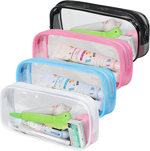 Colorlife Bolsa para bolígrafos, paquete de 4 bolsas transparentes para lápices, organizador multifuncional con cremallera, bolsa de almacenamiento