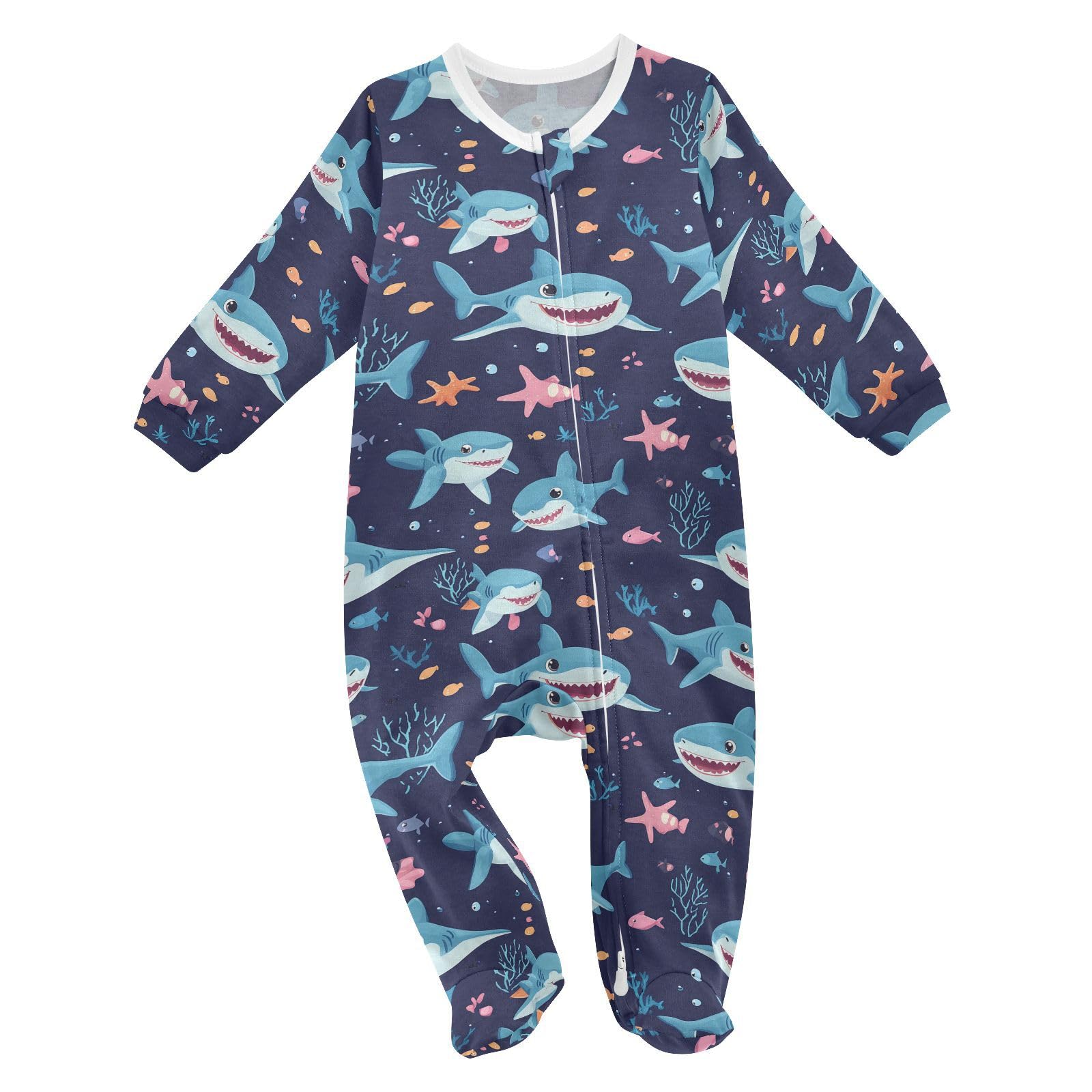 Wusikd Cartoon Sharks Fish One-Piece Footies Cute Bodysuit Rompers Zipper for Boys Girls 6M
