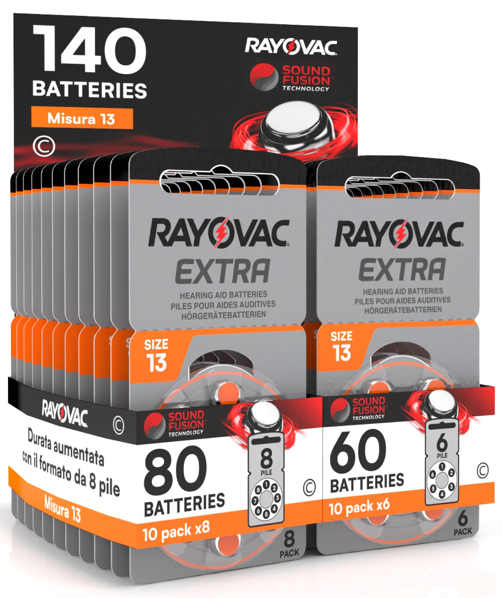140 piles Rayovac pour appareils auditifs Taille 13 Technologie Sound Fusion Udivita – 10 Blister de 6 et 10 Blister de 8 piles