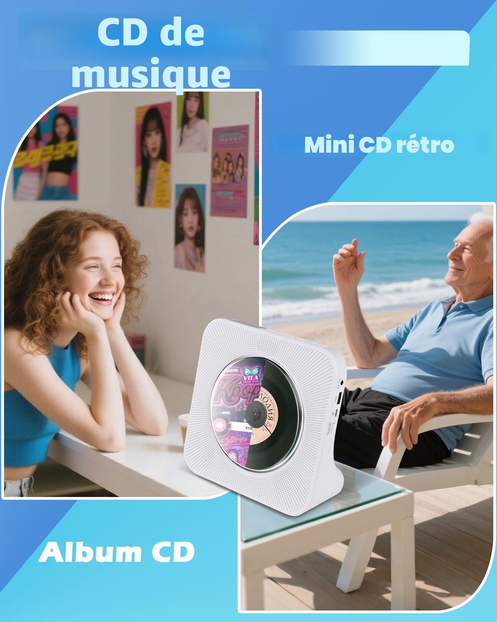 Lecteur CD Portable Rechargeable, HiFi Lecteur CD Bluetooth avec USB, AUX, FM Radio Lecteurs CDs avec Un Bon Son, Lecteurs CDs sans Fil Blanc avec Télécommande