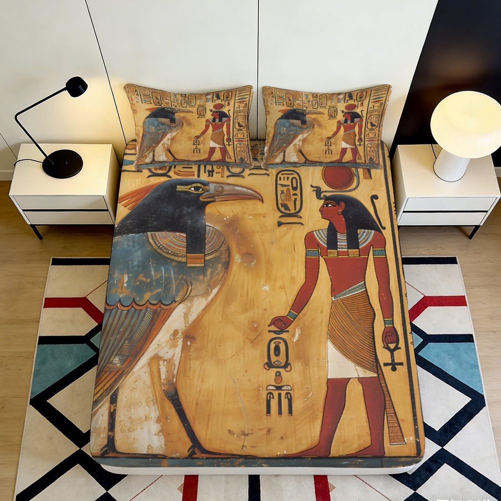 Pnayamiorkfel Style-9 3D Printed Ancient Egyptian Hieroglyph Fitted Sheet Microfiber Soft Breathable Pharaoh Bed Cover For Bedroom Decor 90X200x25cm