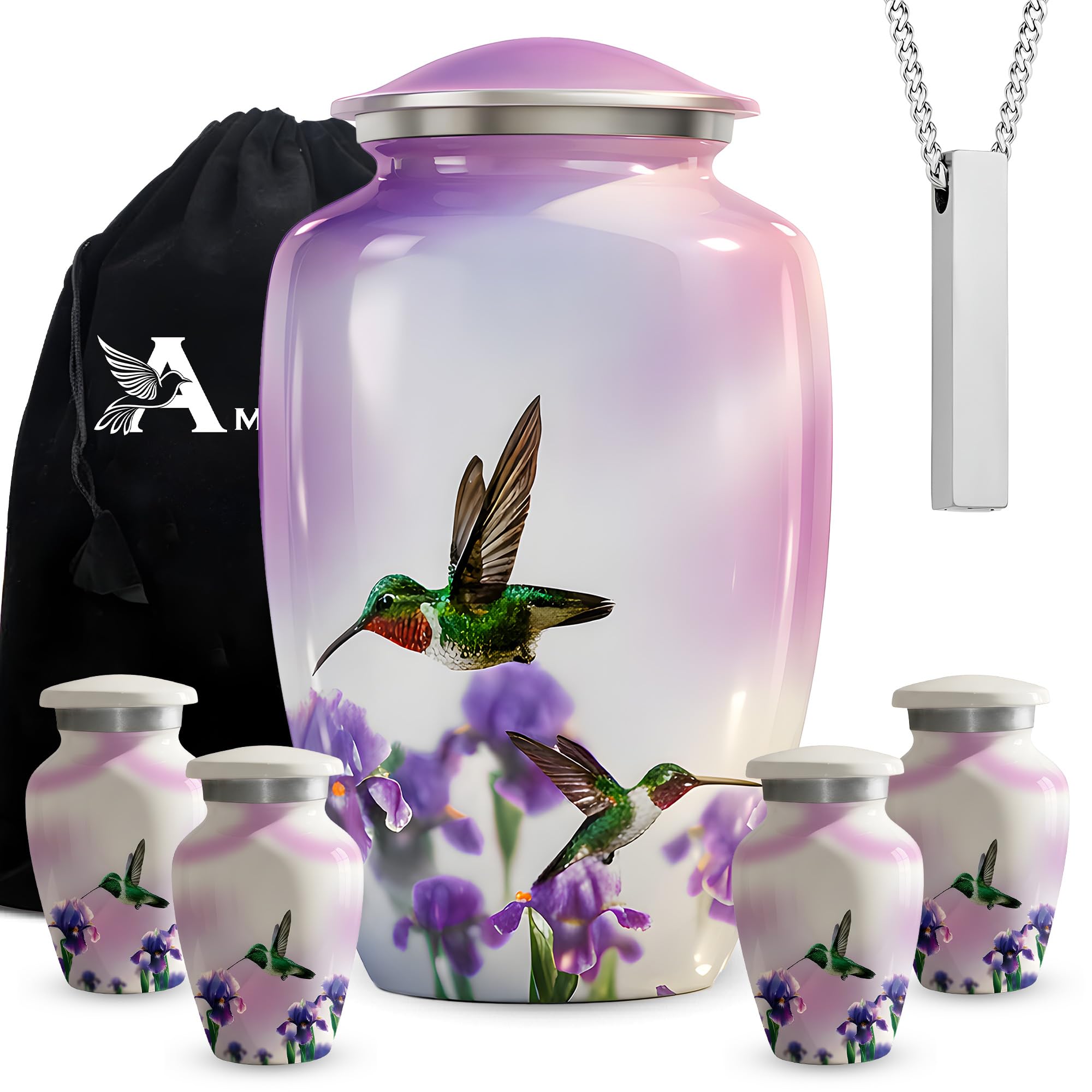 Set of 6 White Hummingbird Decorative Funeral Urns for Ashes Adult Male & Female Includes 1 Large Urn with 4 Small Keepsakes & 1 Silver NecklaceUrn