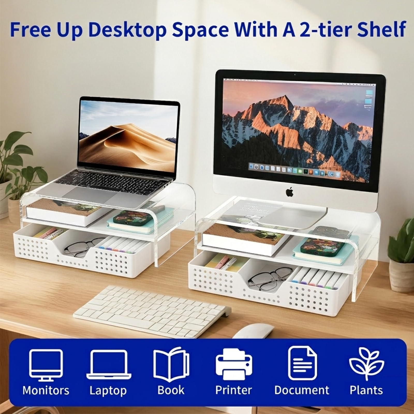 OPNICE Support de moniteur d'ordinateur en acrylique avec tiroir, organiseurs de bureau transparents à 2 niveaux et accessoires, accessoires de bureau, organisation de bureau pour fournitures de