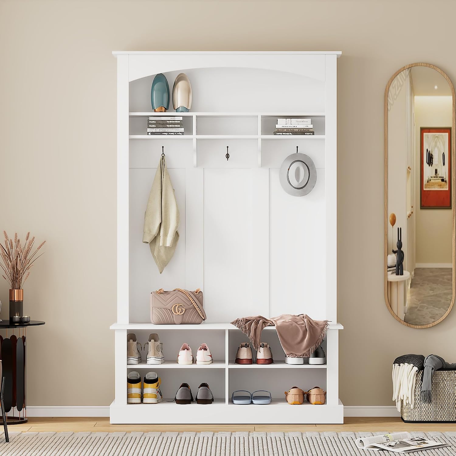 Estante De Entrada Con Perchero Blanco, 4 Estantes Para Zapatos Y Banco, Mueble Hall Tree Para Recibidores