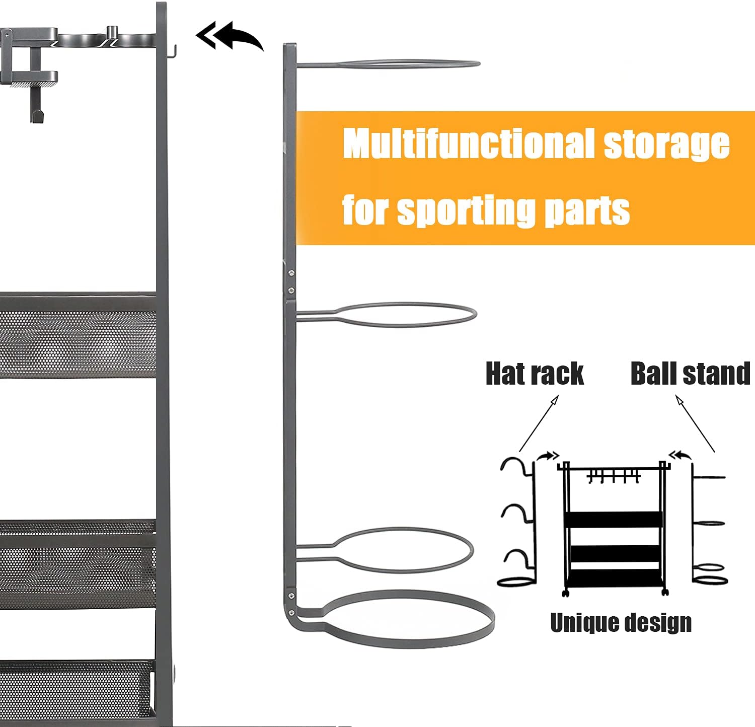 Jubao Garage Ball Storage Rack Rolling Sports Rack Organizer with Casters Wheels, Sports Gear Storage with Baskets and Hooks, Outdoor Sports Equipment Organizer with Cap Holder, Gift for Kids, Gray