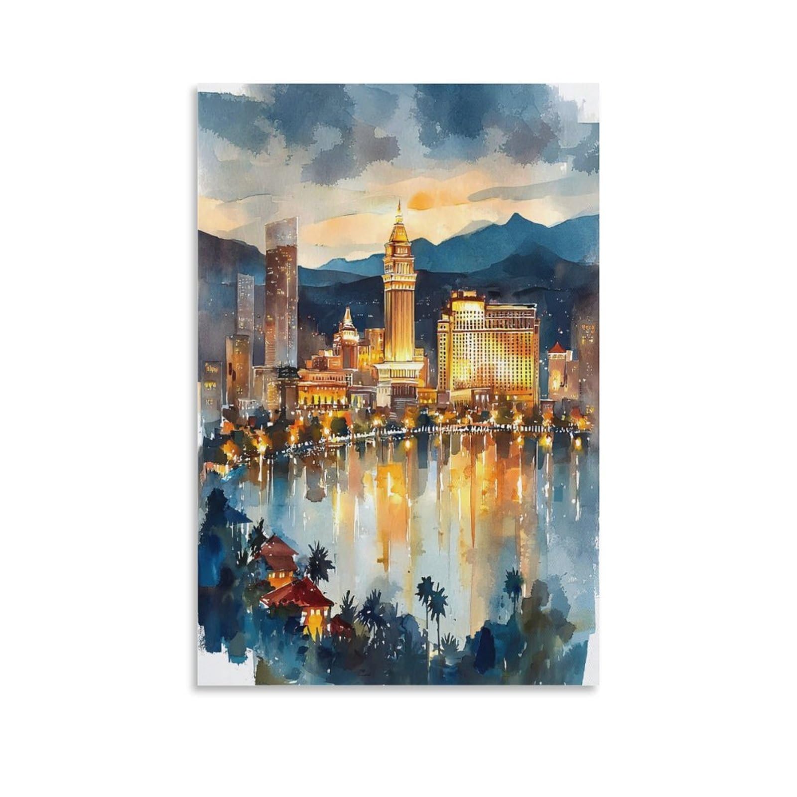 XWYMXZ Las Vegas Nevada 16x24inch(40x60cm) Vintage Travel Poster Watercolor Canvas Art