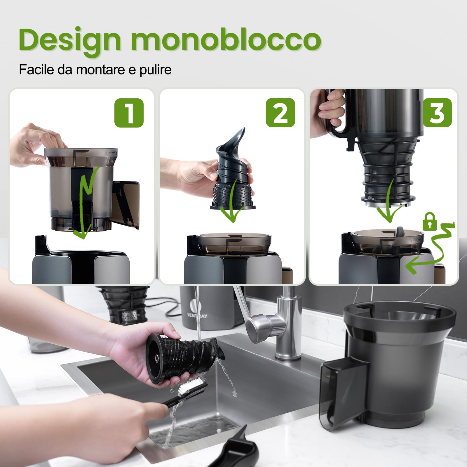 Ventray Estrattore di Succo a Freddo | Bocca Larga 120mm per Frutta e Verdura Intera Senza Preparazione | Sistema a Doppia Filtrazione | Facile da Pulire | 250W | 1.2L | Senza BPA | Nero