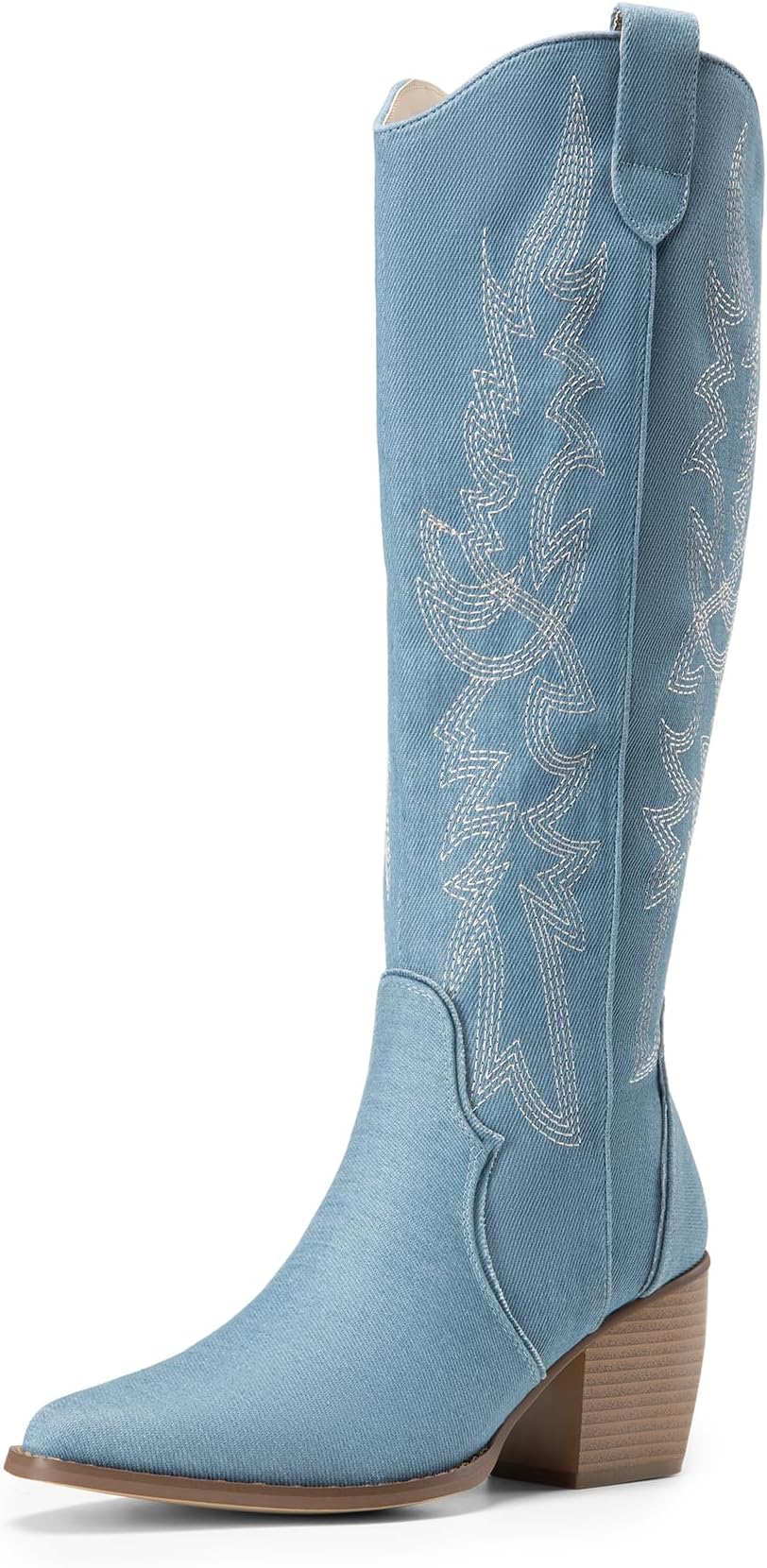 DREAM PAIRS Womens Cowboy Boots Wide Calf Comfortable Pull On Zipper Chunky Heel Pointed Toe Embroidered Western Cowgirl Knee High Boots Ladies Retro Tall Boot