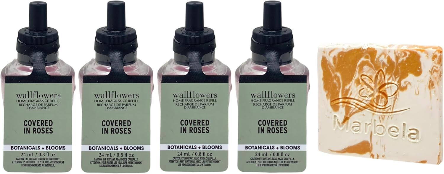 Bath & Body Works Covered in Roses 4 Wallflowers Home Fragrance Refill Bulbs with a Peach Gardenia Sample Soap