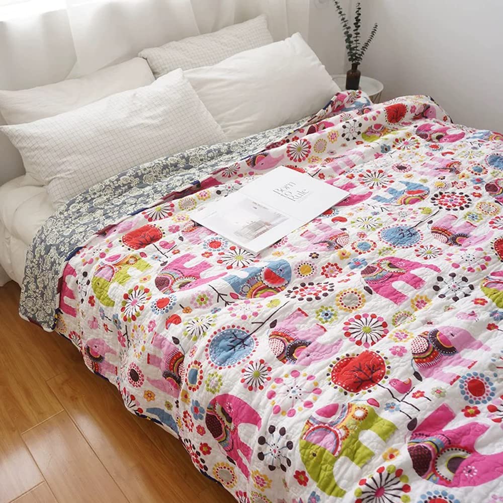 Cotton Twin Quilt Throw Blanket Bedspread - Reversible Patchwork Coverlet Set,Soft and Delicate Durable and Smooth (Pink Elephants)