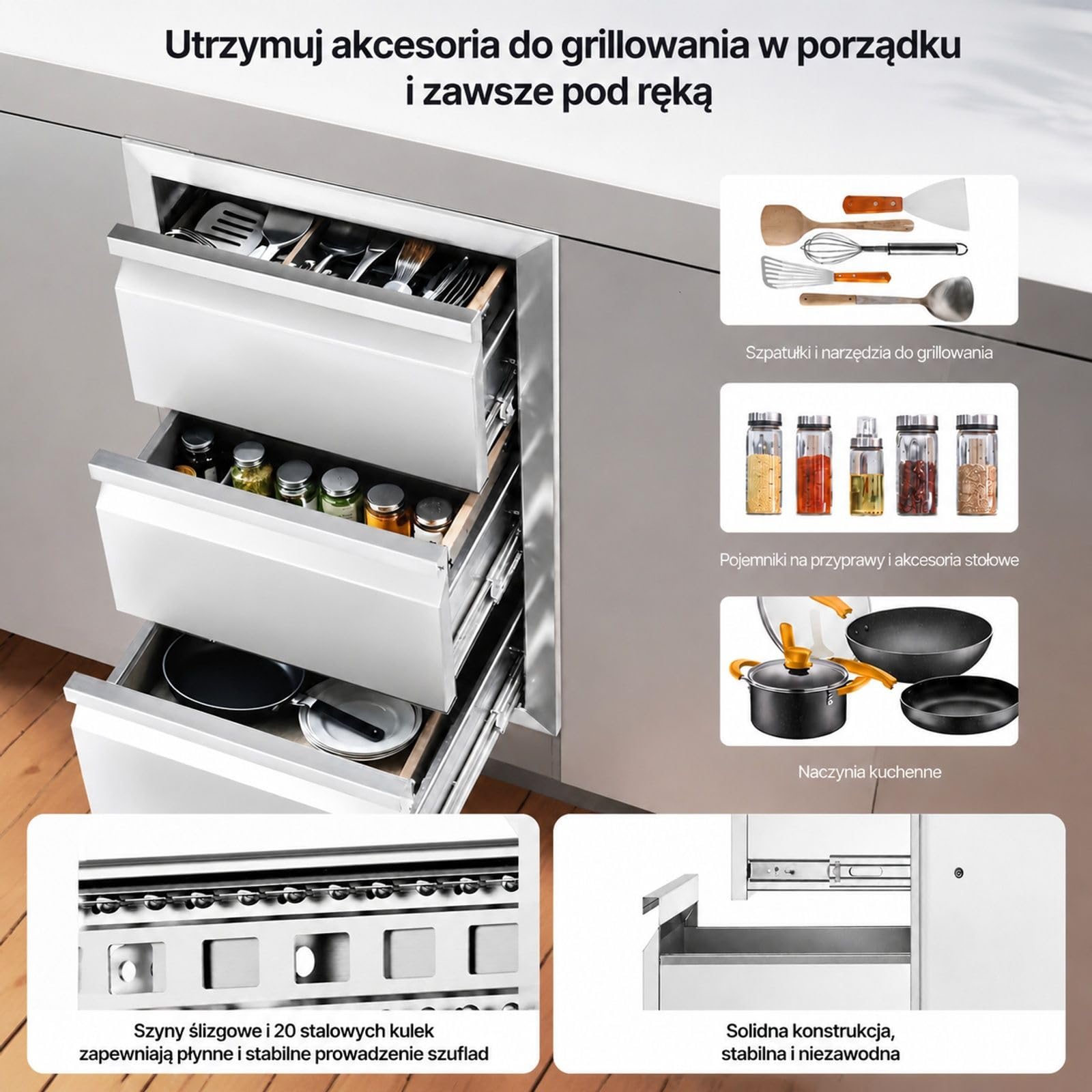 Szuflada do zabudowy z 3 komorami ze stali nierdzewnej, do kuchni zewnętrznej i wyspy grillowej