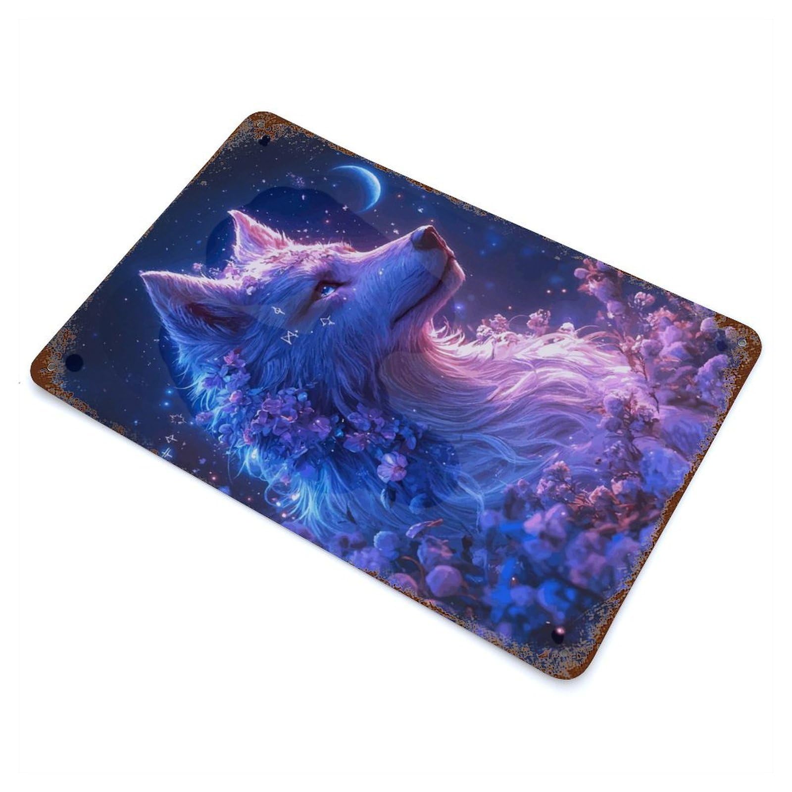 Rust Effect Mystical Wolf with Flowers Vintage Rust Metal Sign 11.8"x7.9", Farmhouse Wall Decor for Farmhouse, Kitchen And Entryway Decor