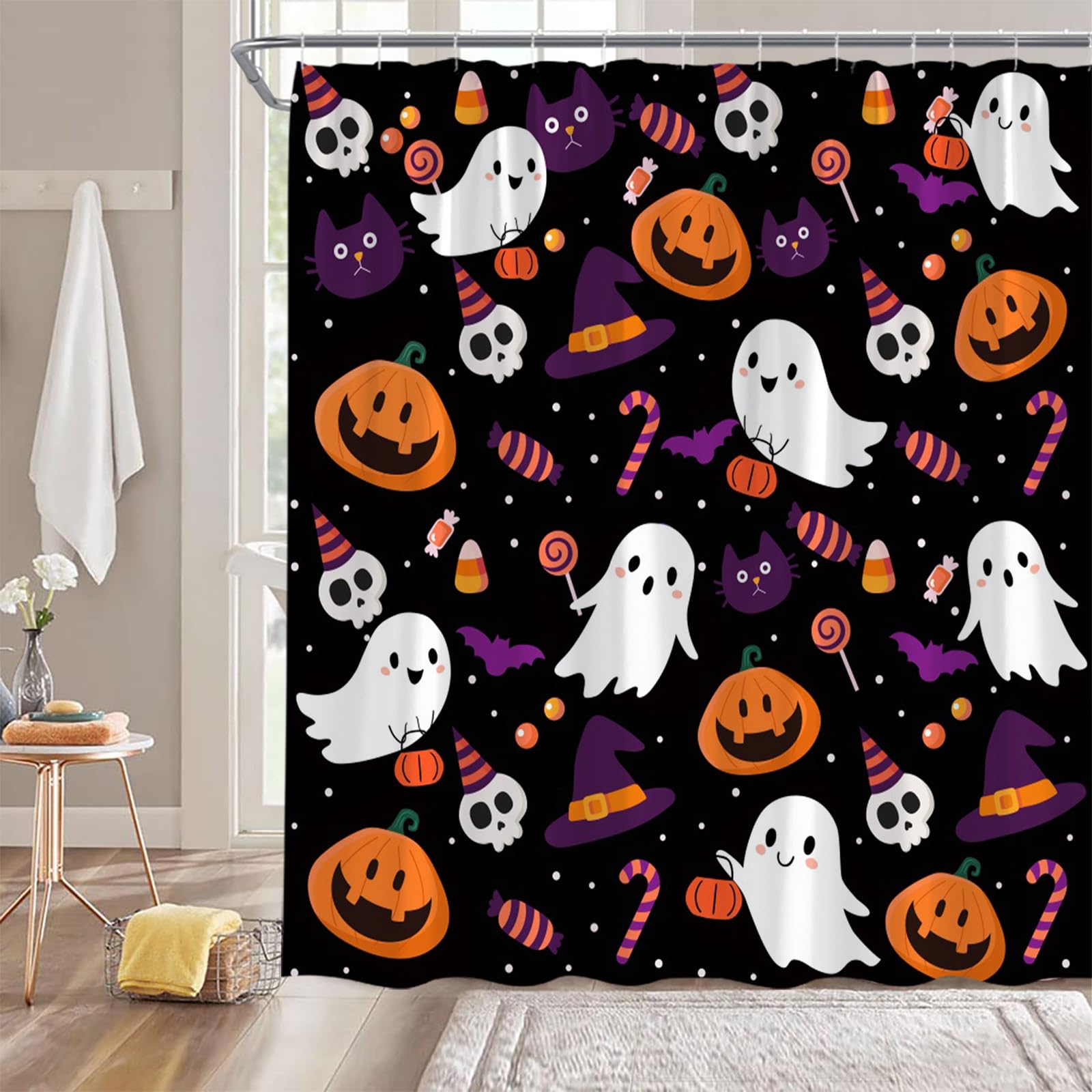 Halloween Ghost Shower Curtain - Cute Cartoon Ghost Pumpkin Bat Design, 70x70 Inches, Pink Bathroom Decor