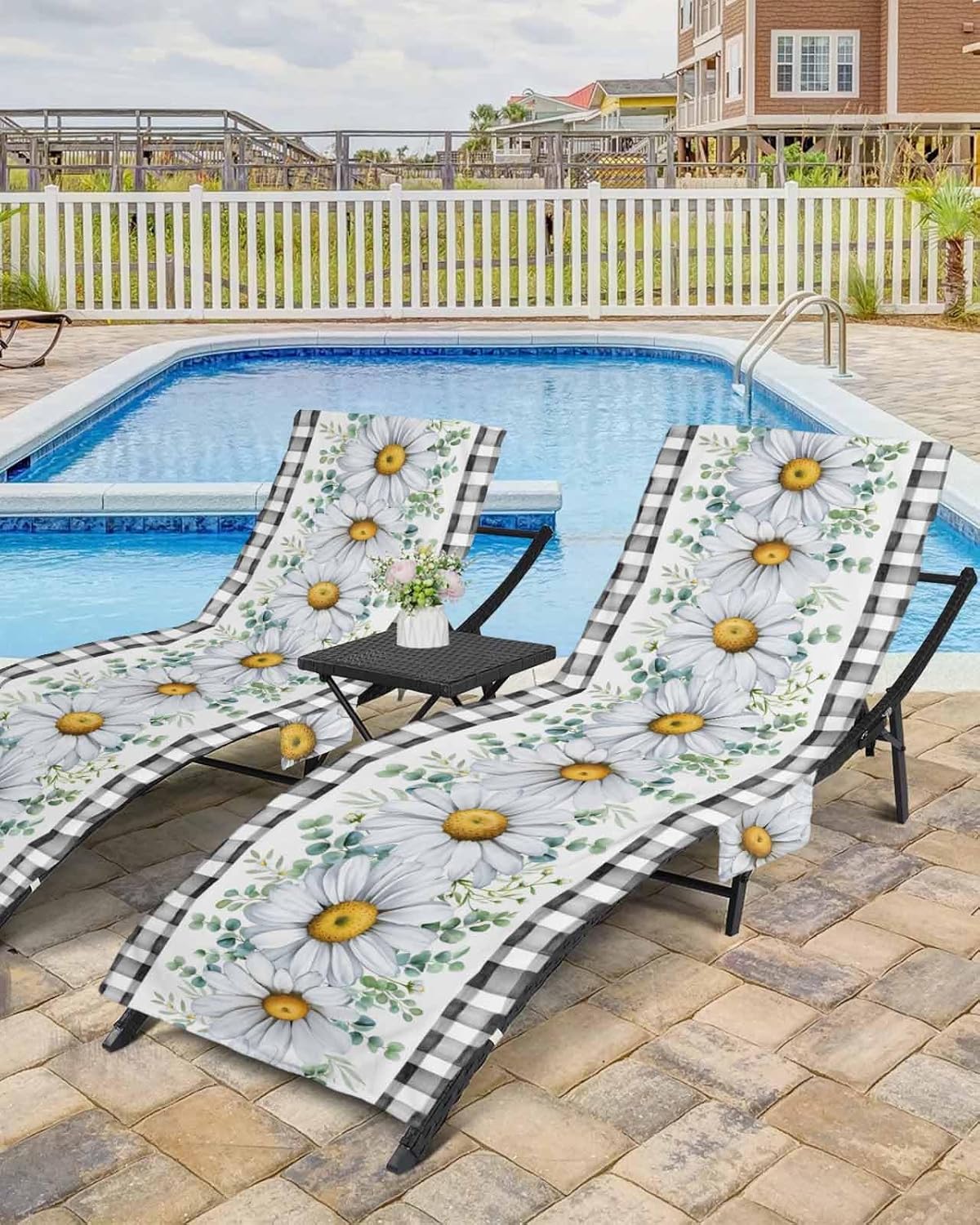 Daisy Eucalyptus Beach Pool Patio Lounge Chaise Chair Cover Towel With Pockets,Absorbent & Quick Dry Microfiber Towel Cover Bag Summer Accessories for Sunbathing Farmhouse Buffalo Plaid Check Black