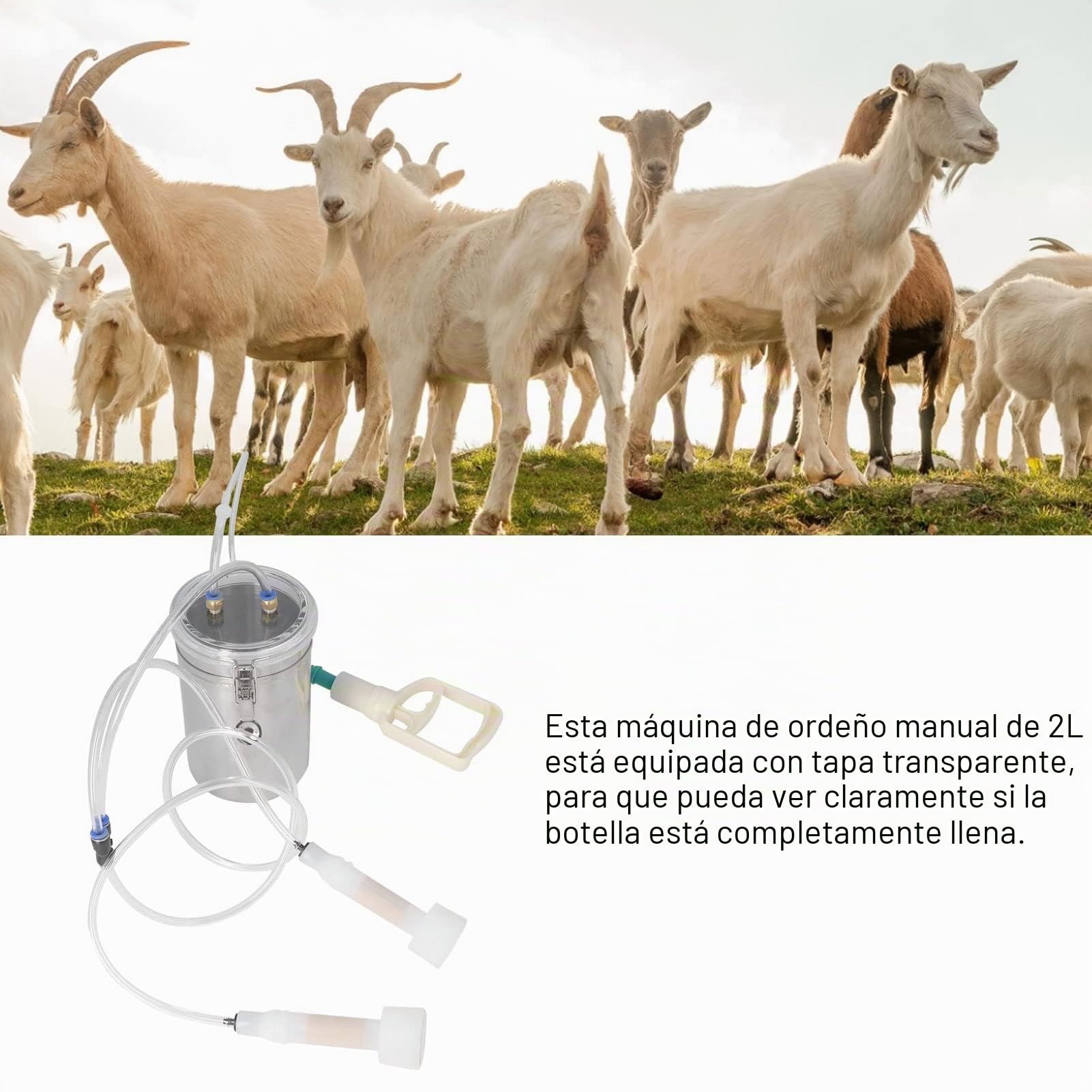 Ejoyous Máquina de Ordeño Manual para Cabras, Bomba de Ordeño para Ovejas y Vacas de 2 Litros, Ordeñadora Portátil de Acero Inoxidable para Ganado Ordeñadora de Cabras Al Vacío para Ovejas