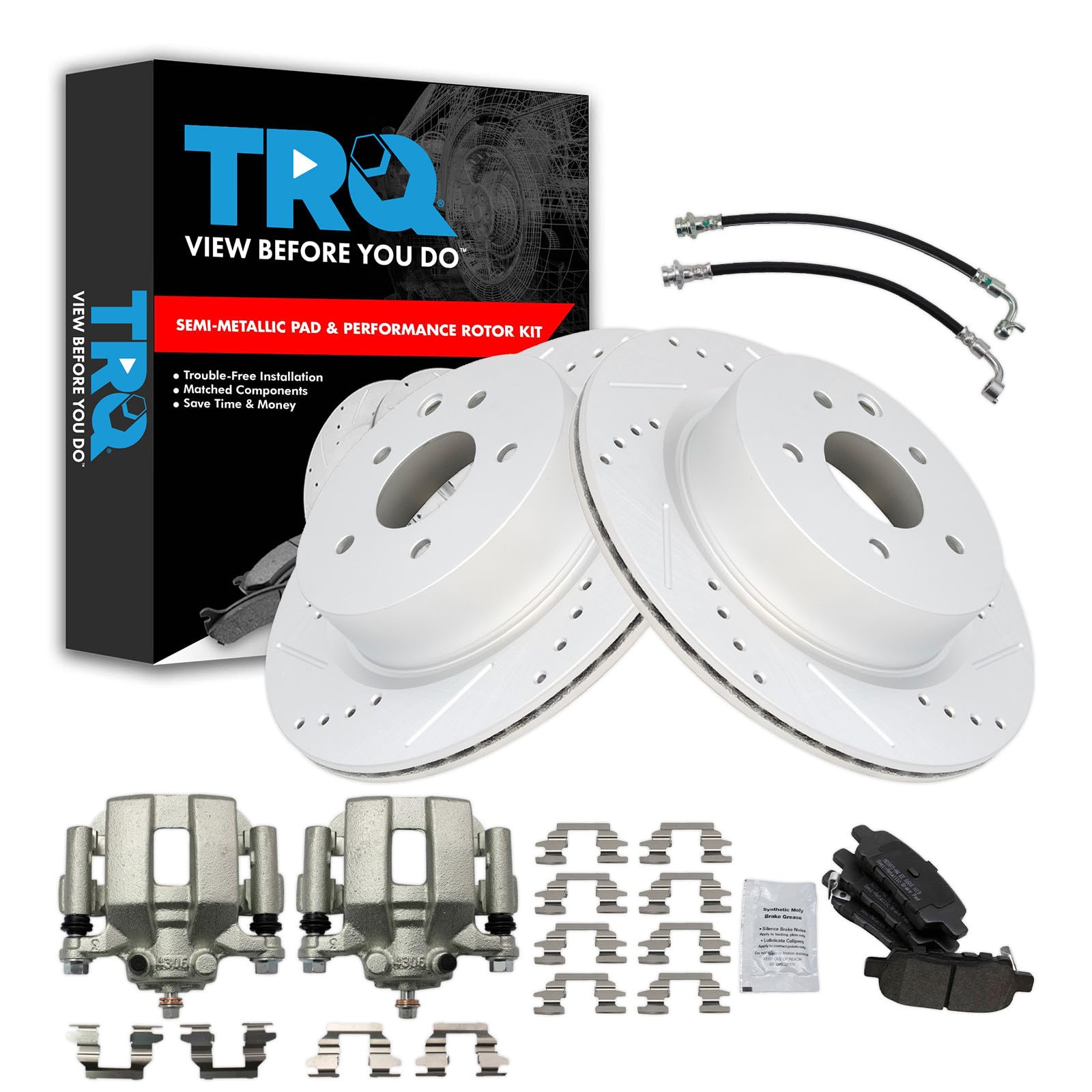 TRQ Performance Rear Brake Pad and Rotor Set Semi Metallic Slotted Drilled G Coated Rotors Calipers Compatible with 2005 Infiniti G35 Nissan 350Z