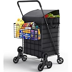 Grocery Shopping Cart, Stair Climbing Shopping with Waterproof Basket Liner & 360° Rolling Swivel Wheels, Portable Collapsible Grocery for Laundry, Luggage Camping, Black
