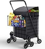 Stairs Climbing Shopping Cart w/Waterproof Basket Liner & 360° Swivel Wheels | Foldable Collapsible & Lightweight | Perfect for Groceries Laundry Utility Cart - Black