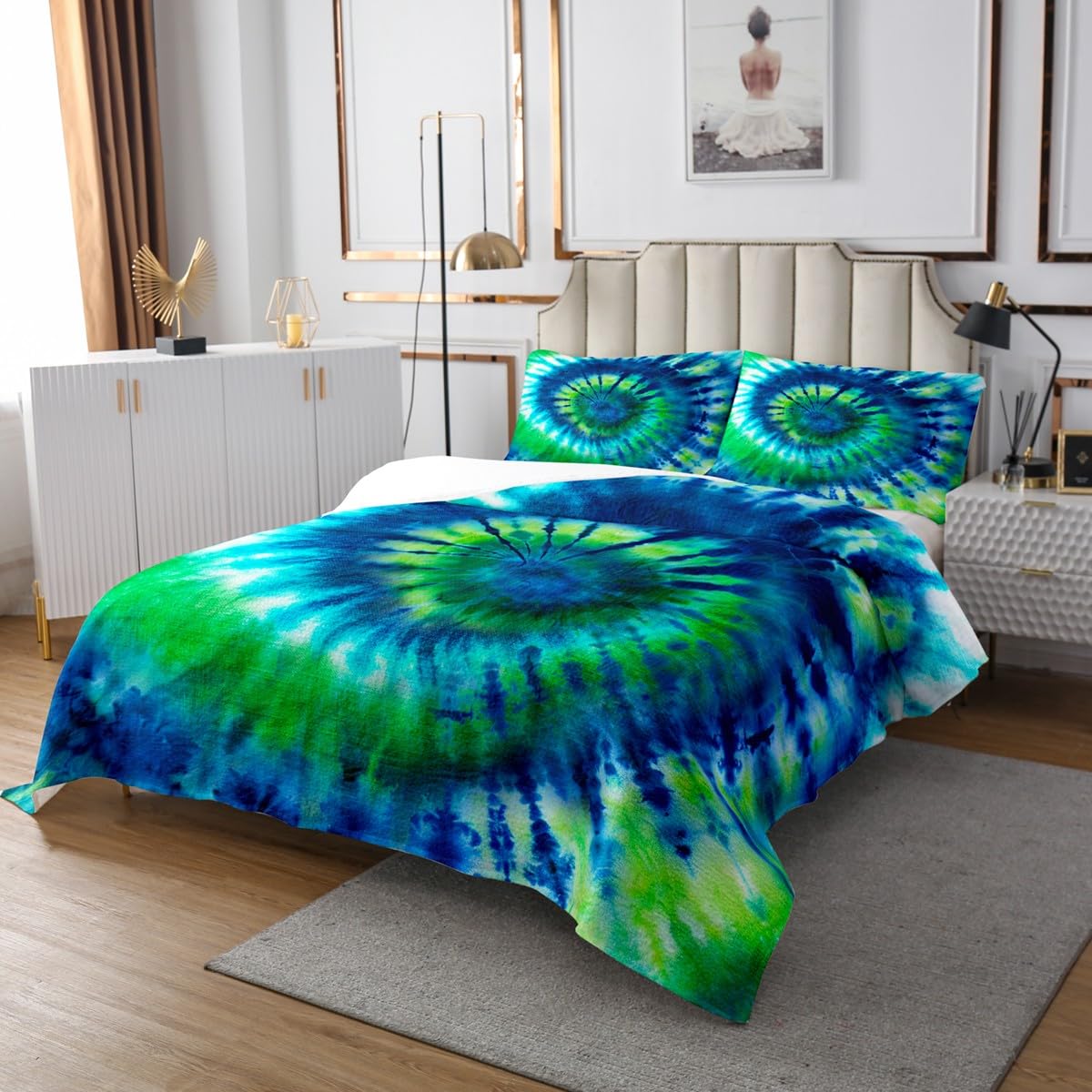 Castle Fairy Boho Hippie Bedspread,King Size,Psychedelic Geometric Stripes Colorful Tie-dye 3 Pieces,Kids Boys Girls Room Decorative Quilted Bedding Set with 2 Pillow Shams,Fluorescent Green