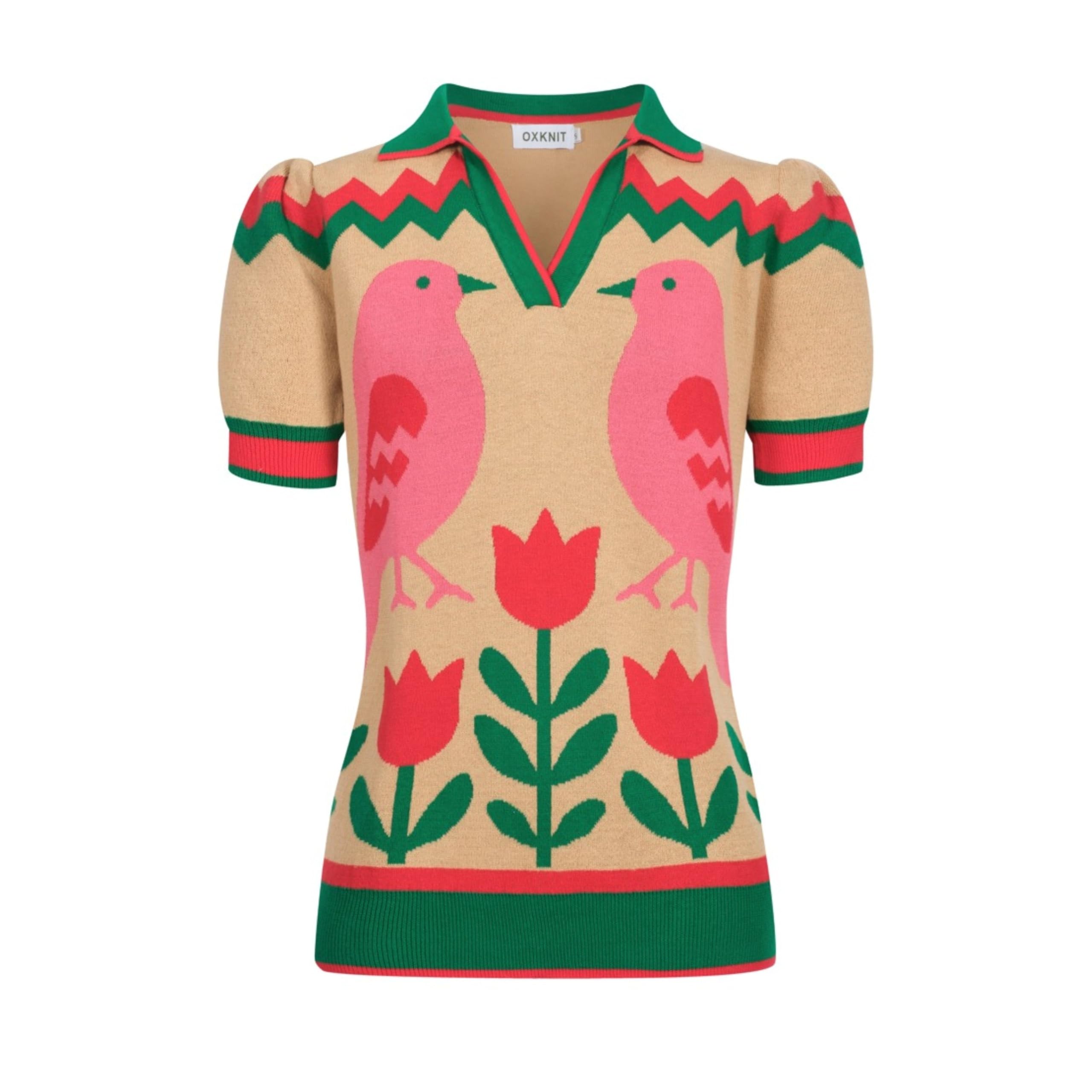 OXKNIT Damen Poloshirt Kurzarm Grün Polohemd mit V-Ausschnitt, Puffärmeln und Tierblumen Jacquardmuster