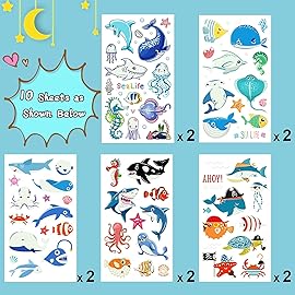 Partywind 130 Styles Luminous Shark Temporary Tattoos for Kids, Glow Shark Birthday Decorations Party Favors Supplies for Boys and Girls, Ocean Under Sea Fake Tattoo Stickers (10 Sheets)