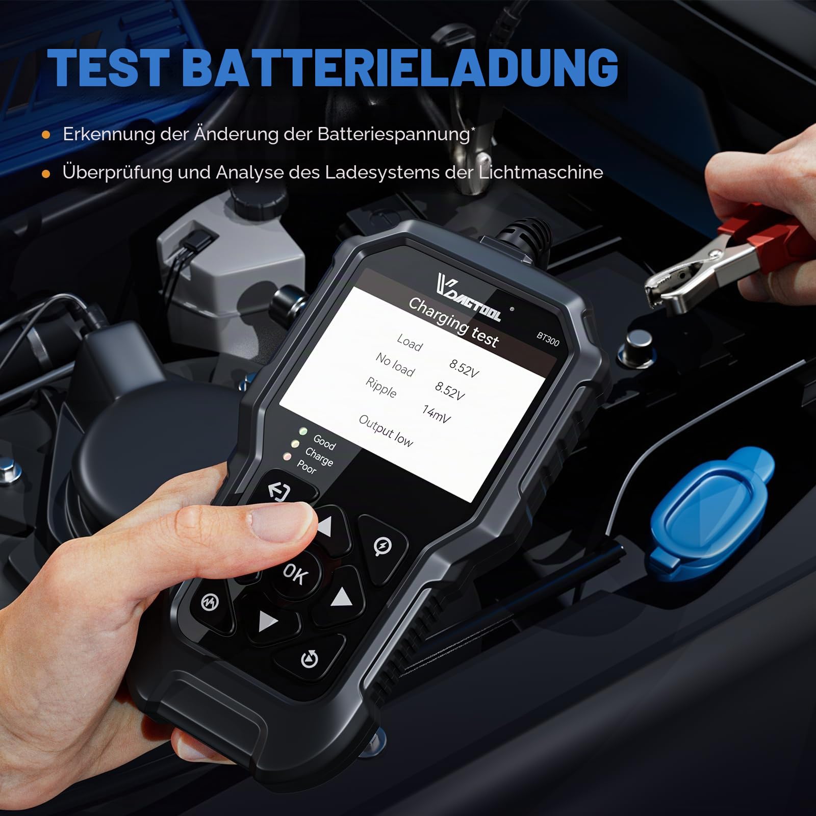 VDIAGTOOL BT300 Batterietester Kfz 6V-12V, 5-3000 CCA Batterie Tester Auto, Anlasser Lichtmaschine Batterie Messgerät, Batteriewächter Charging Kurbelsystem für Auto LKW Motorrad SUV ATV Boot