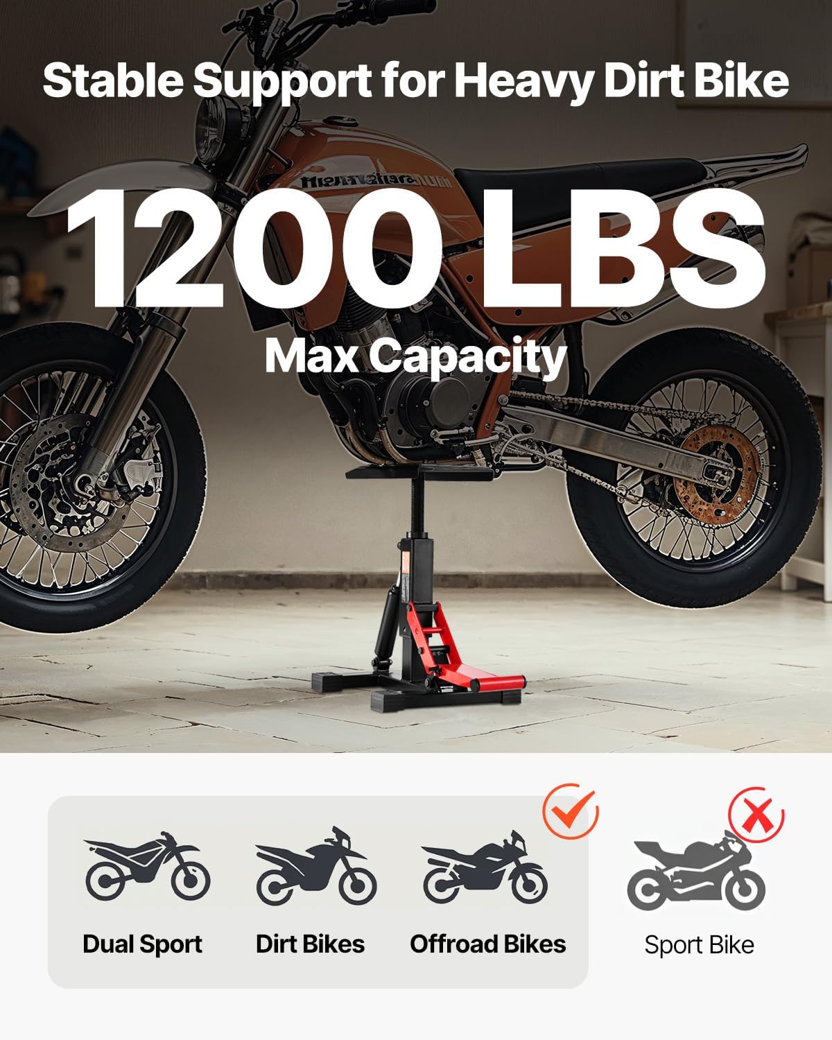 VEVOR Dirt Bike Lift Stand, Motorcycle Jack Lift Stand 1200lbs Capacity and Hydraulic Lift Operation, Hoist Table Adjustable Height 9.8"-18.3" for Dirtbike Repair, Maintenance, Dirt Bike Accessories