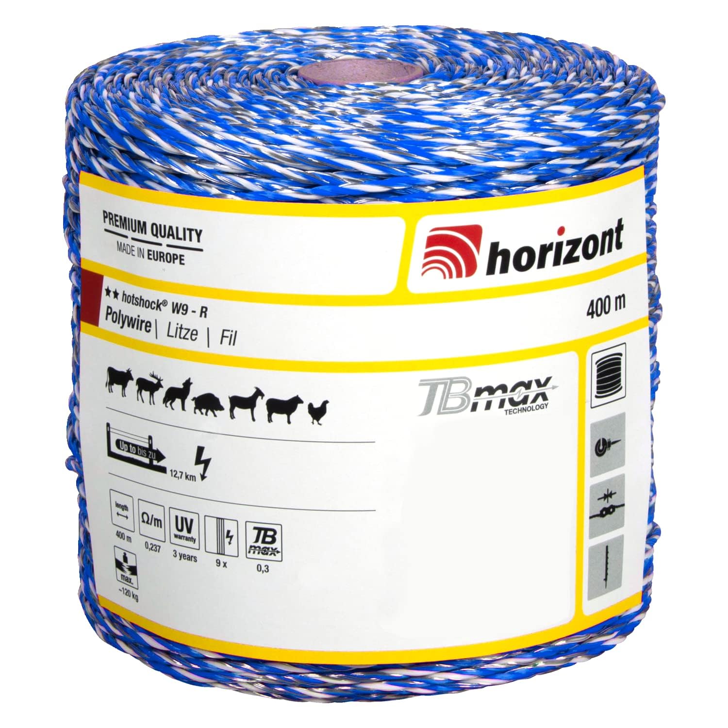 Horizont Hotshock W9-R filo per recinzione da pascolo, 400 m, blu, protezione fauna selvatica, per recinzioni oltre 10 km, carico di rottura 120 kg